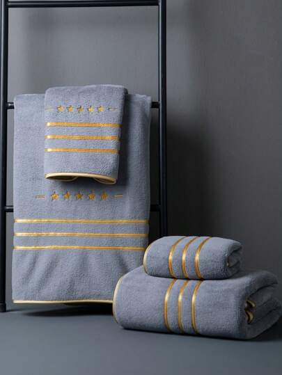 1条特大号浴巾，86*170厘米，聚酯纤维，纯灰色，绣有星星图案；或34*75厘米小号手巾，速干柔软，适用于浴室、酒店、派对、海滩、旅行、运动、送礼、泳池、美容院、户外、健身房等场合，男女通用，四季皆宜，可用于家居浴室装饰、秋季装饰、返校季、美容院、家庭浴室、淋浴毛巾、酒店运动用品、家居必备、毛巾、护肤品