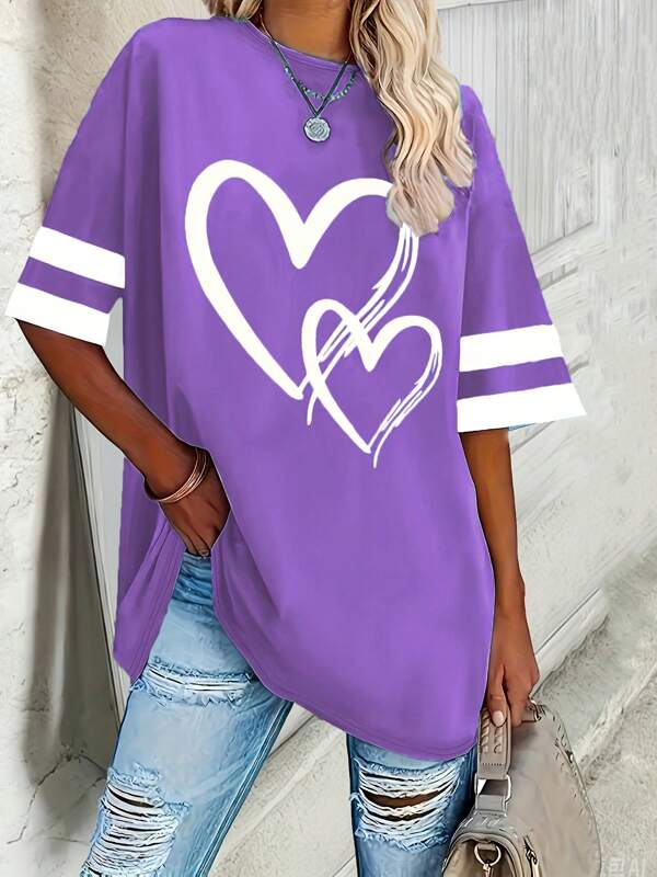 Women's Large Size Valentine's Day Love Elegant Round Neck Short Sleeve T-Shirt, Valentine's Day Gift Love Spring Autumn Summer Top Pullover
