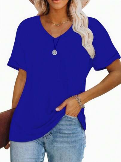 hupos Women's V-Neck Front Pocket Decorated Short Sleeve Casual Loose Fit For T-Shirt