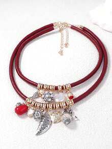 1pc European & American Style Handmade Luxurious Geometric Leaf & Fish Pendant PU Leather Rope Multi-Layer Necklace For Women, Elegant Design - Layered Necklace - View 2