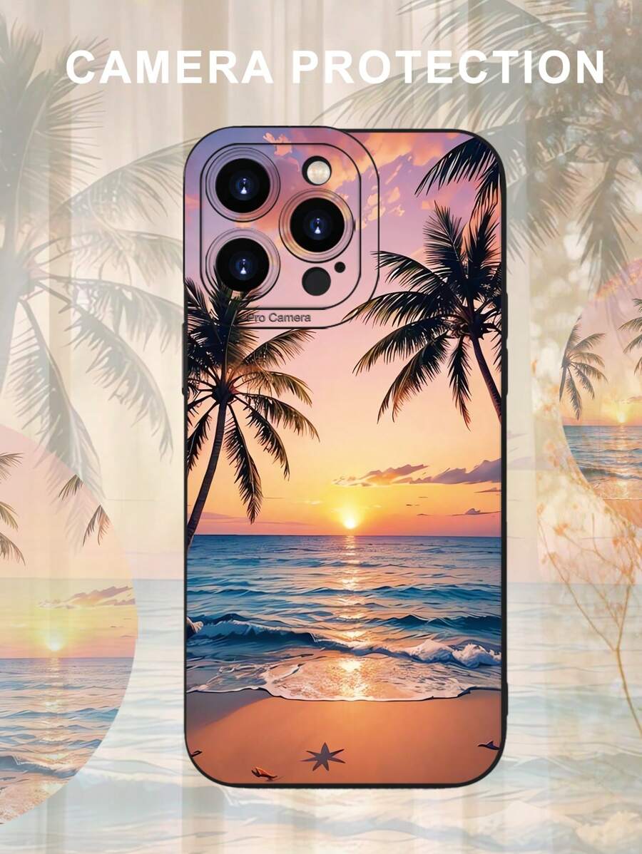 Summer Phone Case Iphone1pc Beautiful Sunset Beach Printed 2D Pattern Creative High-End Casual Vacation Sunset Beach Aesthetics Style Suitable For Sending To Elders, Friends, Family, Couples, Yourself Birthday Gifts, Holiday Gifts, Black Frosted Soft Case With Full Protection Against Dust And Water, Compatible With IPhone16/15/14/13/12/11/Pro/ProMax/X/XR/XS/XSMAX/7/8/PLUS And Models