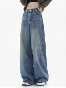 Valentine's Day Women Baggy Jeans Wide Leg Mid Waist Stretchy Jeans Loose Boyfriends Jeans 90s Denim Pants With Pockets Spring Clothes - Màu xanh lam - Xem 3