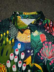 Plus Size Women's Flower Printed Leaf Pattern Full Body Printed Front Breasted Shirt,Women's Blouse - màu xanh lá - Xem 3