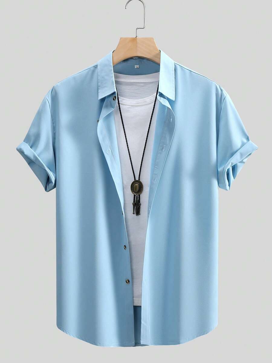 Camisa de manga corta casual de negocios de unicolor para hombre - Celeste - Ver 1