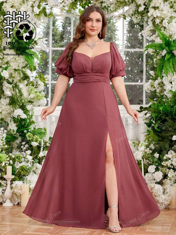 UNITHORSE UNITHORSE Maxi Kleid für Große Größen mit quadratischem Ausschnitt, tiefem V-Ausschnitt, trägerlos, Prinzessinnenärmel, glockenförmiger Saum, taillenbetonend, asymmetrischer Schlitz, elegantes Abendkleid, Brautjungfernkleid