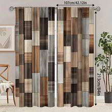 2pcs Vintage Wood Grain Pattern Digital Print Window Curtain, Rod Pocket Design For Easy Hanging, Privacy Protection Curtain Suitable For Bedroom, Living Room, Kitchen, Study, Dining Room, Dorm Rooms - Multicolor - View 4