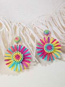 imoli 1 Pair Bohemian Style Rattan Flower Design Earrings, Suitable For Women, Beach Party, Gift - 27638-colour - View 4