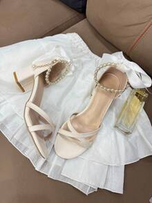 时尚百搭珍珠带青少年夏季派对高跟凉鞋 - 杏色 - 查看 4