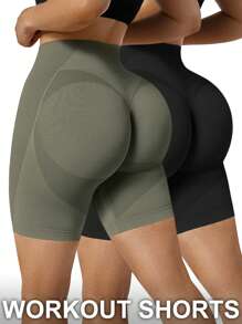 2 peças Shorts de Ioga Sem Costura Fitness Esportivo Feminino, Cintura Alta com Controle da Barriga, Levantamento do Bumbum, Secagem Rápida, Shorts Altamente Elásticos