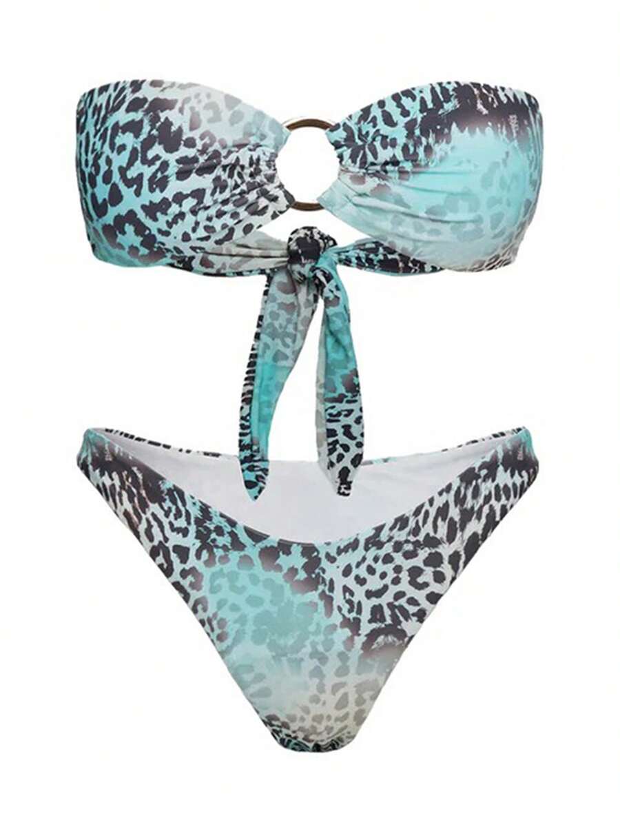 Women Y2k Strapless Bikini Set Floral Print O Ring Bandeau Top 2 Piece Swimsuit Cheeky Thong Bathing Swimwear Summer Beachwear Bathing Suit - Baby Blue - View 1