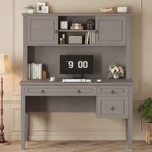 Farmhouse Office Desk With Hutch, 47.3" Executive Desk, Computer Desk With 3 Drawers And Open Storage Shelves For Home Office