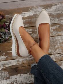 5cm Wedge Heel Solid Color Vacation Boho Woven Fabric Casual Slip-On Shoes, Suitable For Office, Outdoor, All Seasons - Beige - View 4
