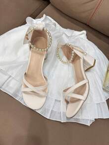 时尚百搭珍珠带青少年夏季派对高跟凉鞋 - 杏色 - 查看 10