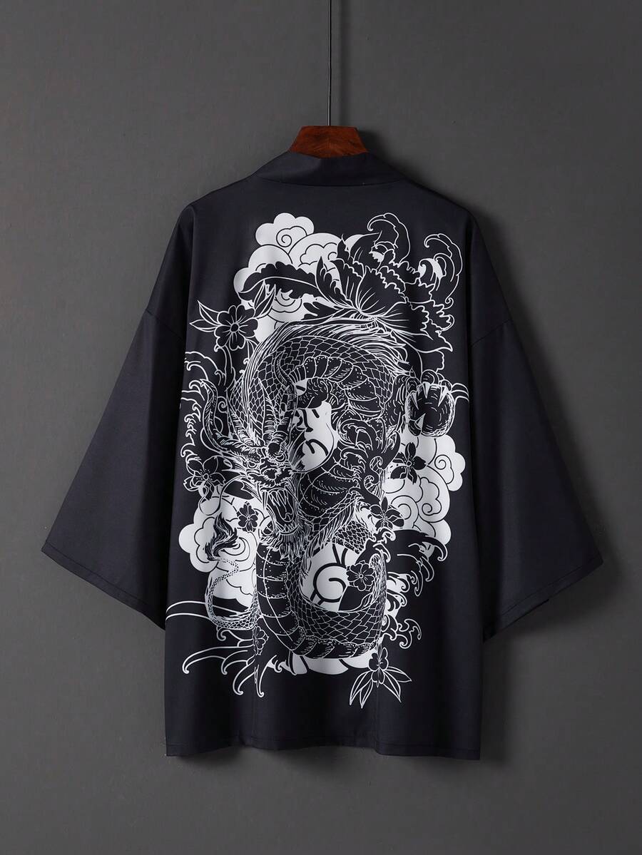 Chinese Style Retro Improved Hanfu Dragon Robe Print Cover Up, Loose Beach Cover Up Kimono Robe For Summer - Black - View 1