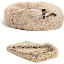 Bundle Set The Original Calming Shag Donut Cuddler Cat And Dog Bed + Pet Throw Blanket Taupe Small 23"