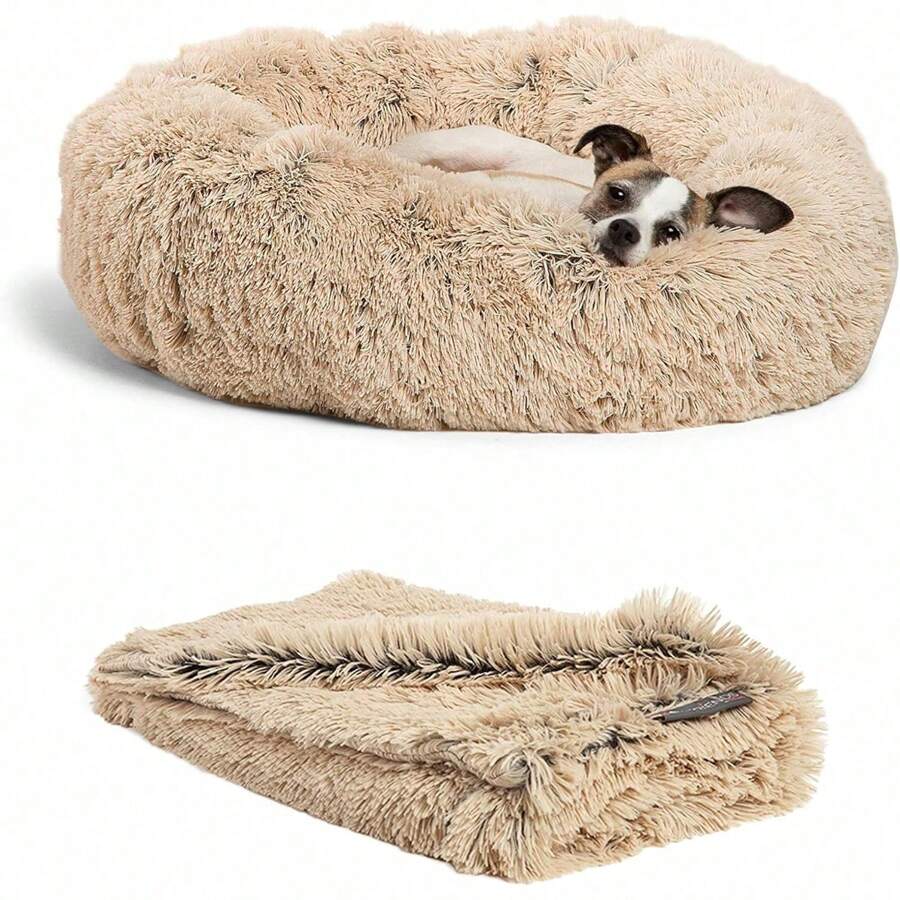 Bundle Set The Original Calming Shag Donut Cuddler Cat And Dog Bed + Pet Throw Blanket Taupe Small 23"