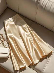 女士纯色优雅通勤缎面 A 字裙