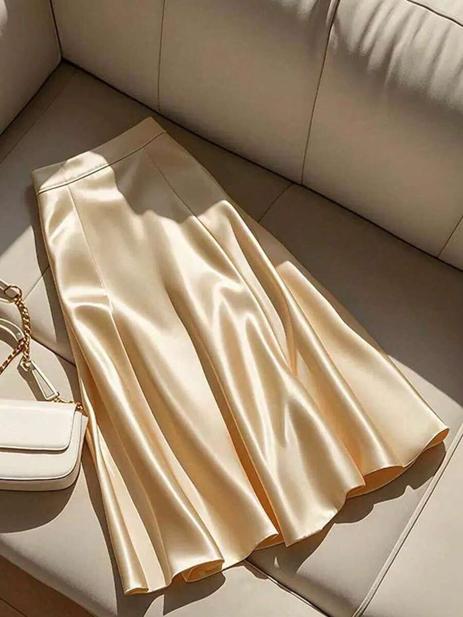 女士纯色优雅通勤缎面 A 字裙