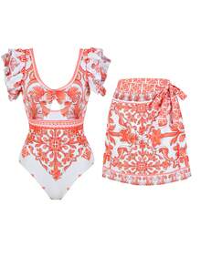 Plus Size Women Sexy Halter Bikini Swimsuit With Wrap Skirt, Fashion Beach Vacation European American Style Swimwear, Tummy Control