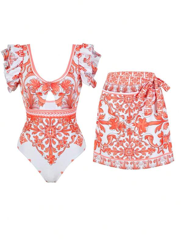 Damen Große Größen sexy Neckholder Bikini mit Wickelrock, modischer Strandurlaubs-Europäisch-amerikanischer Stil Badeanzug, Bauchformung