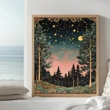 1 幅月亮和星星墙面艺术画黑暗森林印刷帆布画森林萤火虫海报复古风景装饰卧室、客厅或办公室墙壁装饰礼物送给她无框