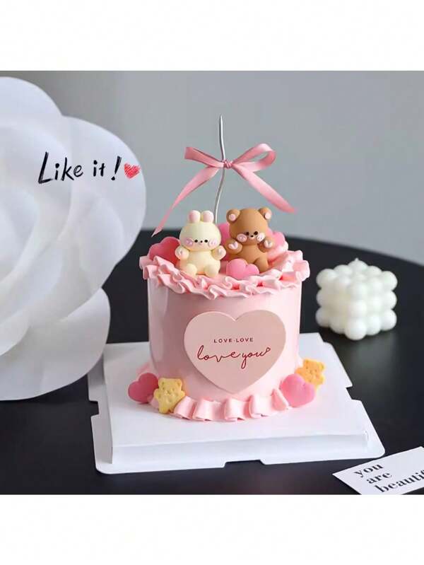 Soft Silicone Heart Shaped Bear & Rabbit Cake Decorations, Couple Gift Cake Topper