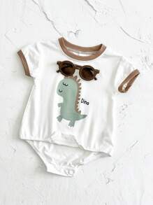 Newborn Baby Boy/Girl Cute Cartoon Dinosaur & Letter Print Short Sleeve Button-Up Romper, Summer