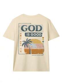 Tee-shirt ample pour femmes, col rond, manches courtes, imprimé palmier, couleur abricot, style décontracté d'été, polyvalent, indispensable pour les vacances - Nude - Voir 2