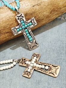 Vintage-Style Women's Turquoise Cross Pendant Necklace, Unique Design, Suitable For Daily Wear - Vintage Cross Pendant - View 2