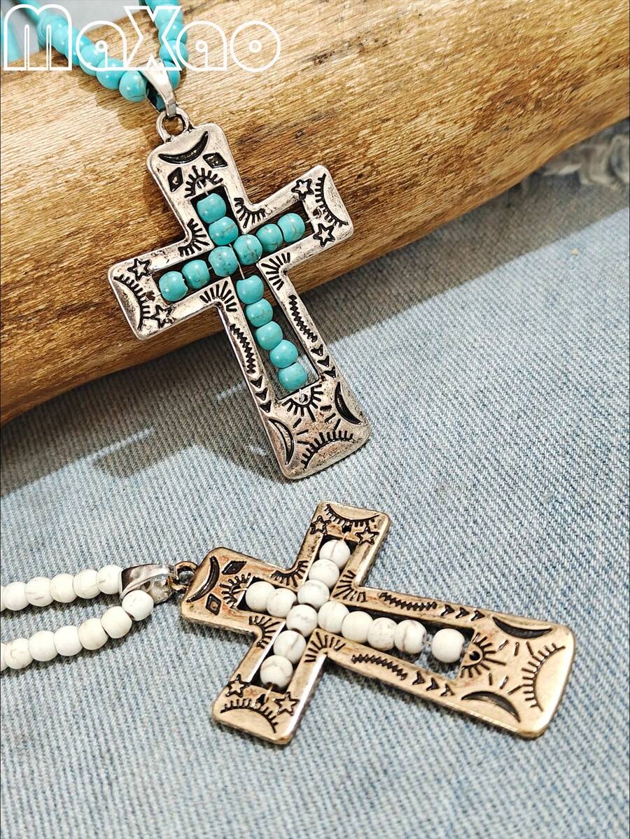 Vintage-Style Women's Turquoise Cross Pendant Necklace, Unique Design, Suitable For Daily Wear