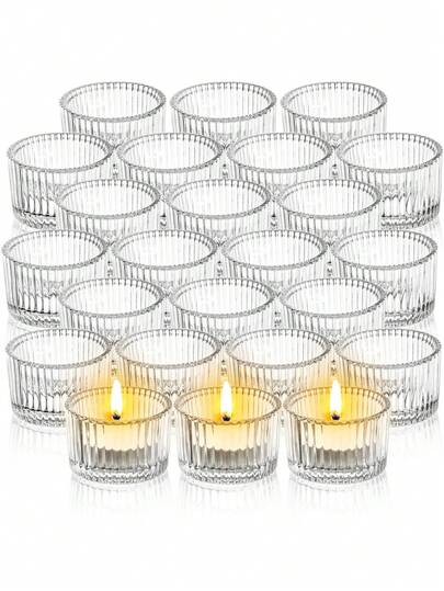 10pcs Glass Tea Light Candle Holders, Size: 2.17" X 1.46", Vertical Striped Transparent Glass Small Candle Holders, Mini Ribbed Tea Light Candle Holders, Suitable For Wedding, Birthday, Holiday Decor, Tabletop