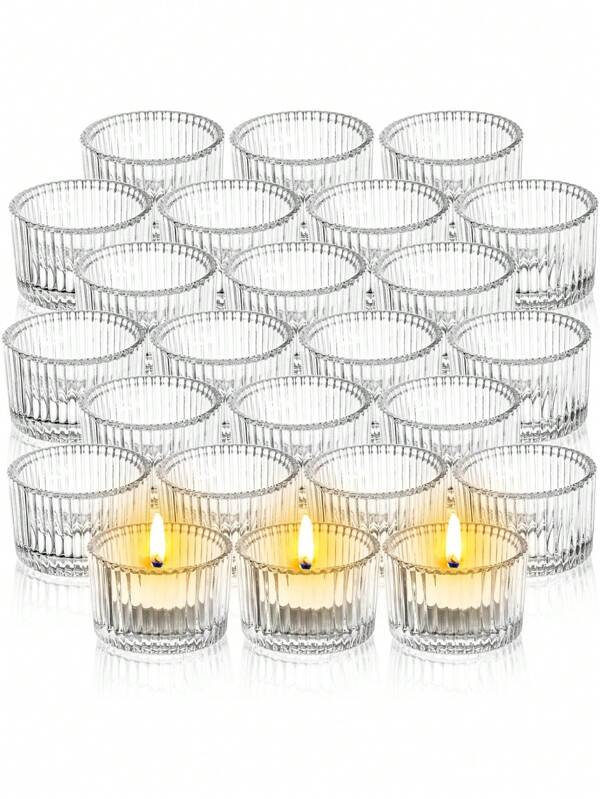 10 حاملات شموع شاي زجاجية، بحجم 2.17 بوصة X 1.46 بوصة، بنمط شريطي عمودي من الزجاج الشفاف، حاملة شموع شاي صغيرة مخطرة للاستخدام في الأعراس والأعياد والاحتفالات، ديكور منضدة المركز