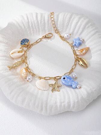 1 Pc Starfish Shell Sardine Fish Decor Multi Charms Bracelet For Women, Summer Vacation Beach Jewelry, Gift For Women