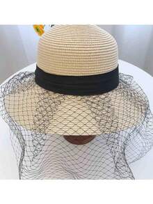 1pc Women's Organza Fashion Straw Hat, Vintage Elegant Wide Brim Beach Sun Hat, Suitable For Outdoor Activities - MZ2873 - View 12