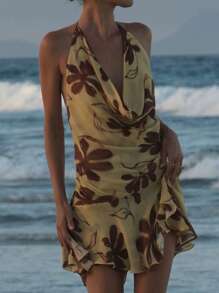 Beach Holiday Printed Lace-Up Butter Yellow Dress For Women Sexy Halter Neck Backless Mini Dress Elegant Sleeveless Robe Graduation Outfit