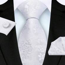 3 Piece Set: 8cm Floral & Patterned Necktie, Handkerchief, And Cufflinks Men's Necktie Set, High Quality Classic Business & Casual Tie Set, Men's Wedding Accessories, Family, Christmas, Party Gift