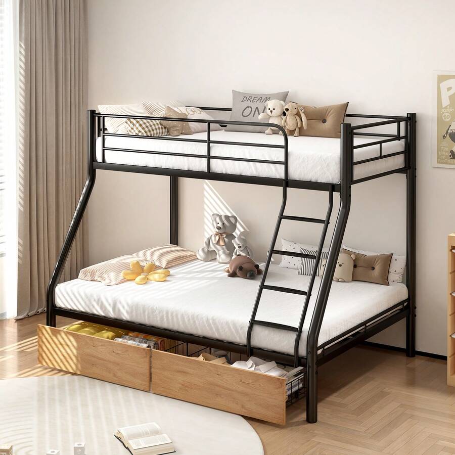 Bunk Bed With Two Drawers, Metal Bunk Bed, Slatted Frame 100x200cm/140x200cm, Railing, Non-Slip Ladder, Loft Bed/Bunk Bed/Bunk Bed For Teenagers And Adults, Bunk Bed For 2 Children - Etagenbett mit zwei Schubladen - 查看 1