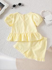 2pcs Baby Girls' Casual Bowknot Striped Top And Ruffle Hem Shorts Set, Outdoor Playwear Sweet & Cool Style - Yellow - View 2