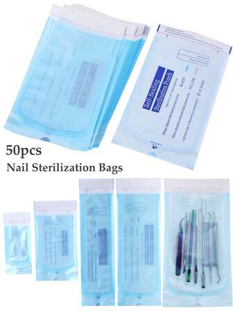 50 piezas Bolsas transparentes de autosellado para herramientas de uñas, cinco dimensiones diferentes, bolsas de esterilización desechables vacías para almacenamiento de brocas de manicura, desinfección por vapor, desinfección UV, empaque aséptico
