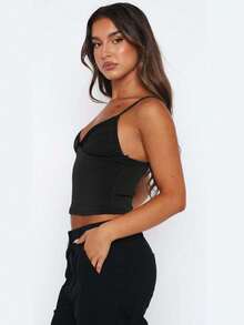 Top à bretelles type camisole en dentelle patchwork avec col en V, mode sexy versatile pour l'été - Noir - Voir 3