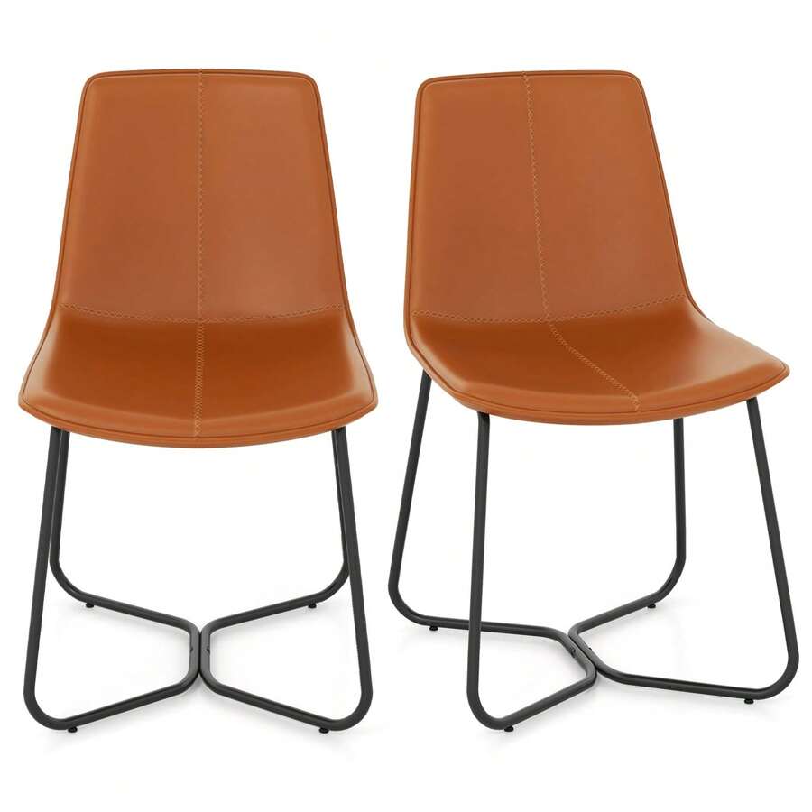 Set Of 2 Upholstered Dining Chair Faux Leather Kitchen Side Chair - Brown - View 1