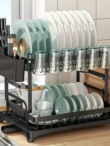 带滴水盘的双层碗碟架，带餐具架、杯架和砧板架的厨房台面碗碟整理架，用于放置盘子、碗、杯子和餐具的多功能 2 层厨房碗碟架，白色和蓝色设计，适用于小厨房的节省空间的存储解决方案 - 黑色 - 查看 11