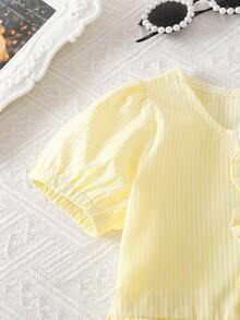 2pcs Baby Girls' Casual Bowknot Striped Top And Ruffle Hem Shorts Set, Outdoor Playwear Sweet & Cool Style - Yellow - View 6