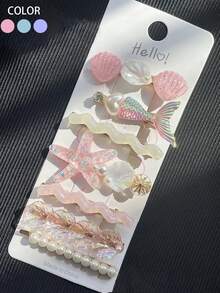 5pcs Women Elegant Minimalist Fresh Ocean Mermaid Tail, Starfish, Shell, Faux Pearl & Rhinestone Hair Clips, Suitable For Daily, School, Beach, Work, Party, Holiday, Birthday Gift, Back To School,Hair Barrettes - Pearl - View 12