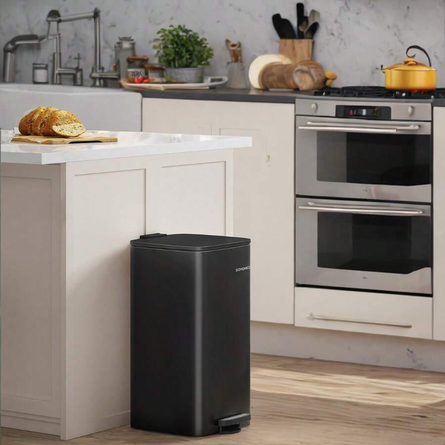 SONGMICS 8-Gallon Stainless Steel Trash Can With Inner Bucket - Kitchen Garbage Can, Soft Close, Stays Open Feature, 30L Trash Bin - 墨黑色 - 查看 1