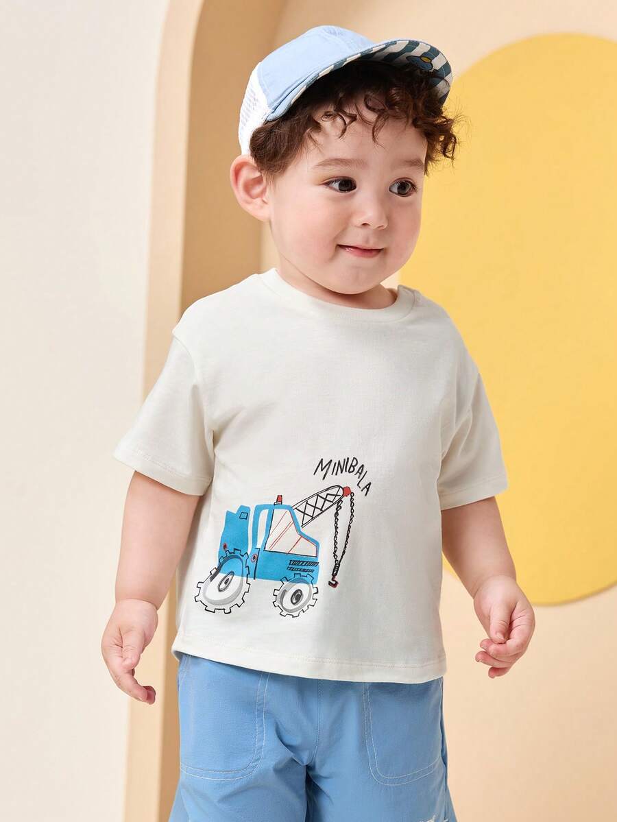 mini bala 男童亲肤防汗防变形工程车辆短袖 T 恤 - 乳白 - 查看 1
