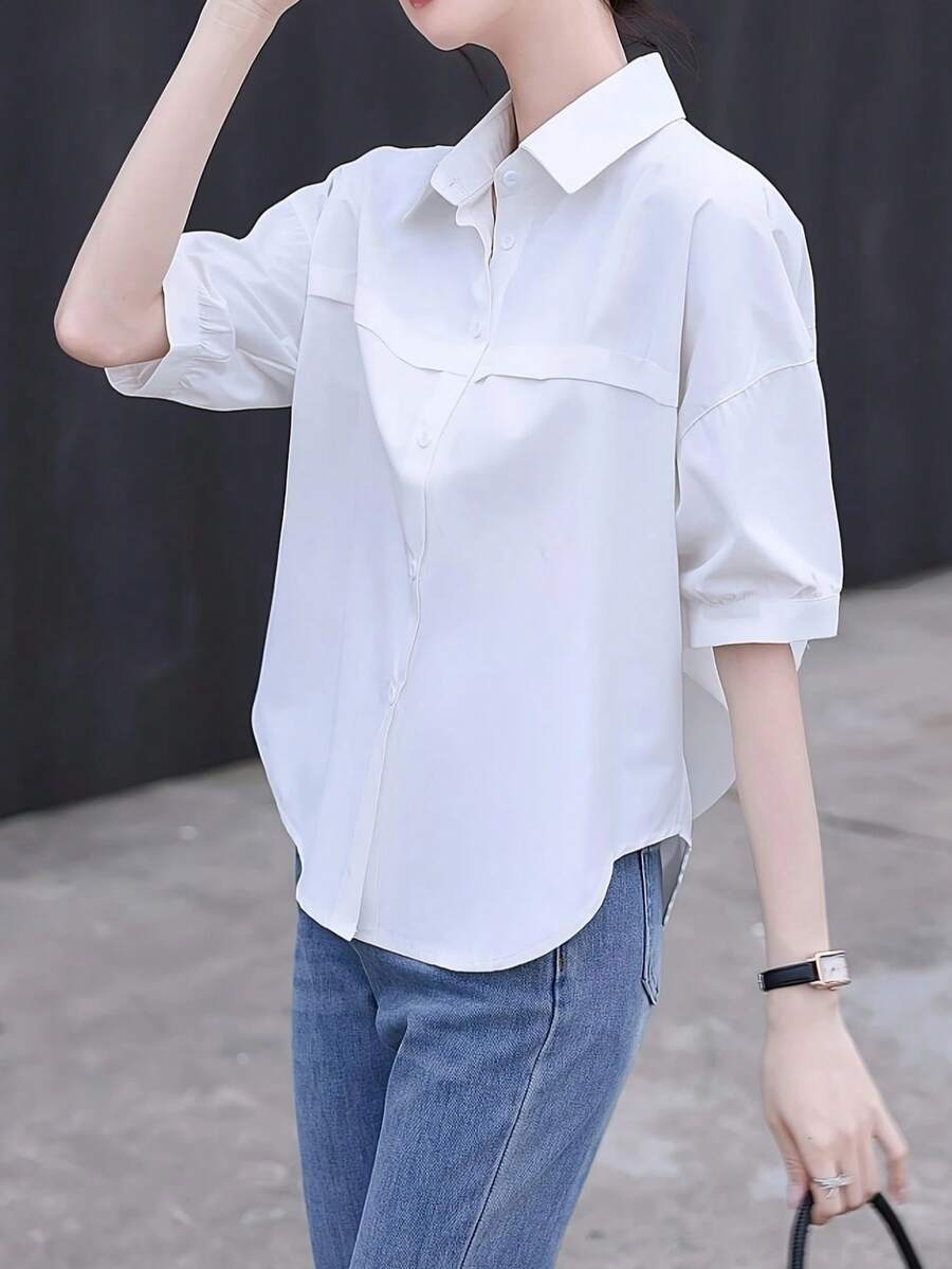 女士休闲百搭纯色衬衫 - 白色 - 查看 1