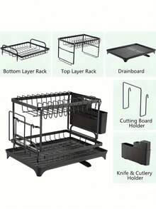 带滴水盘的双层碗碟架，带餐具架、杯架和砧板架的厨房台面碗碟整理架，用于放置盘子、碗、杯子和餐具的多功能 2 层厨房碗碟架，白色和蓝色设计，适用于小厨房的节省空间的存储解决方案 - 黑色 - 查看 5