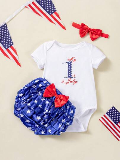 3pcs/Set Newborn Baby Girl Independence Day Party Outfit, Cartoon Letter Print Short Sleeve Bodysuit & Star Pattern Pants Set, Holiday Celebration Costume