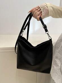 Fashionable Versatile Solid Color Vintage PU Shoulder Bag, Casual Simple Textured Bucket Bag